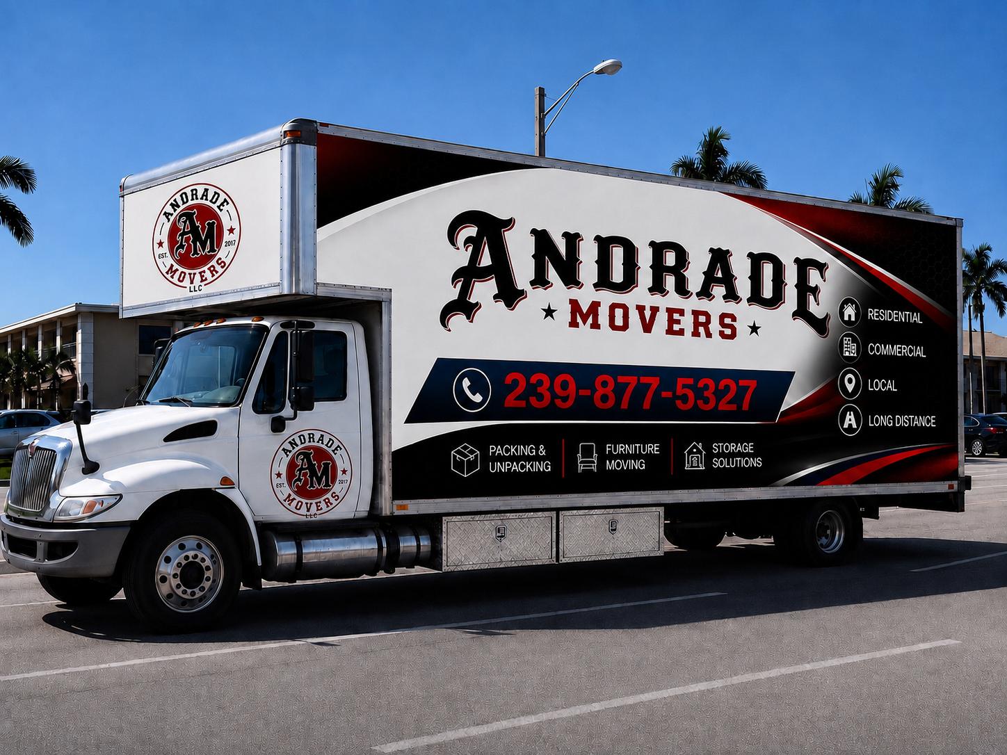 Andrade Movers truck with company branding parked in Southwest Florida